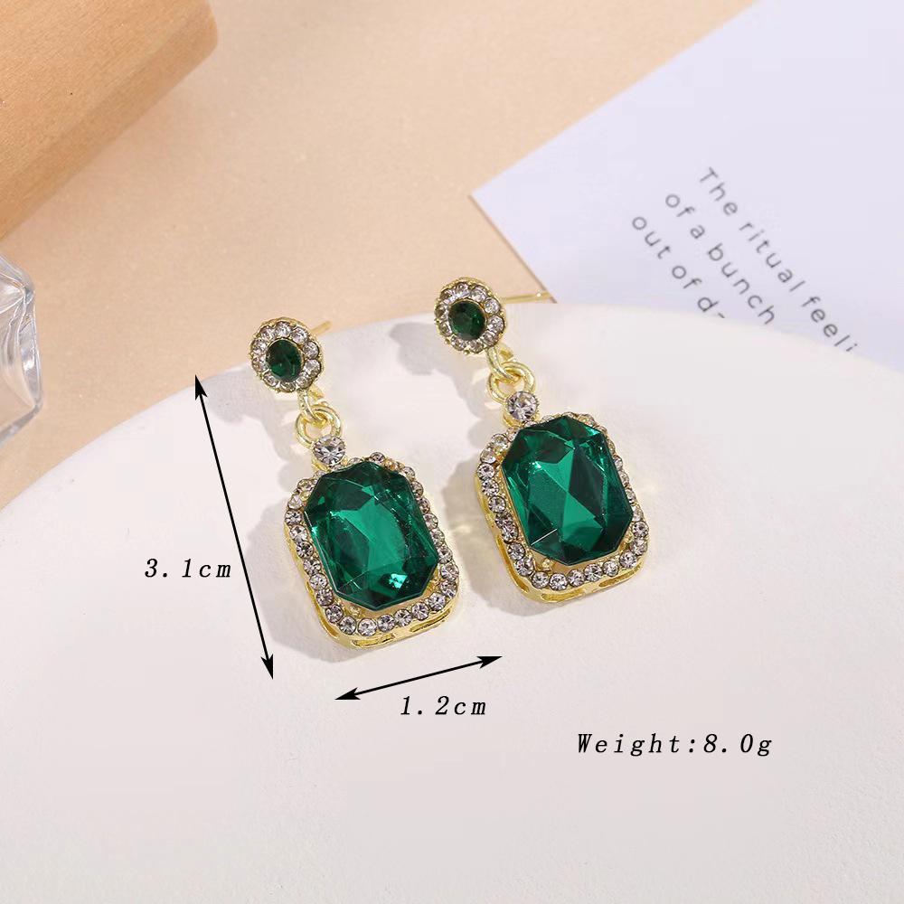3D Square Green Rhinestones Dangle Earrings for Women Wedding Party Elegant Jewelry Geometry Round Crystal Drop Earrings Gift