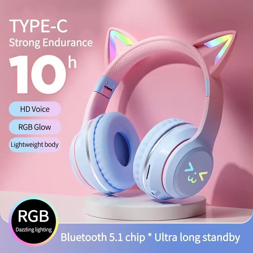 Xiaomi RGB Luminous Cat Ears Wireless Bluetooth Headphones With Microphone Headset Gamer Girl Call Noise Reduction Hifi Sale Handfree