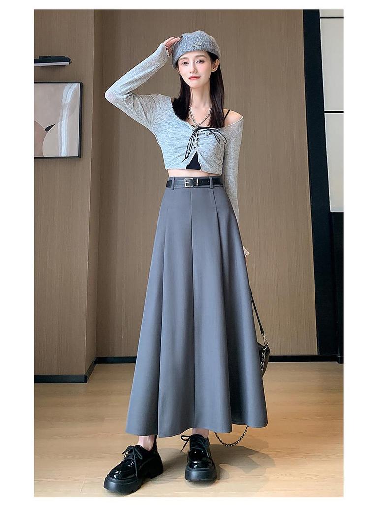 Damen High-Waist Plissee-Midi-Rock mit Gürtel - Elegant A-Linie für Frühling & Herbst