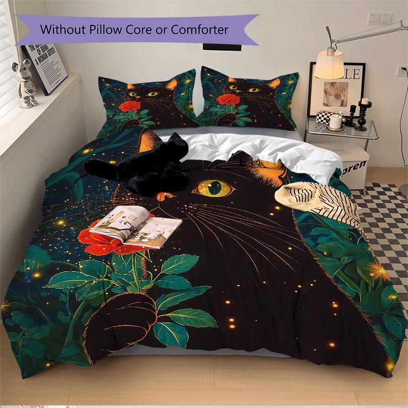 3pcs Rose and Attractive Black Cat Print Bedding Set (Without Inserts), Soft and Comfortable M092 135x200cm