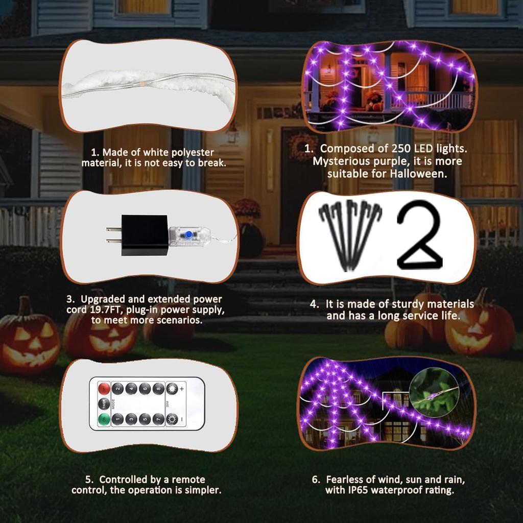 5m Giant Halloween Decorations Outdoor, 250 LED Lighted Spider Web 8 Lighting Modes Waterproof & Timer for Indoor Haunted House Yard Decor, Purple