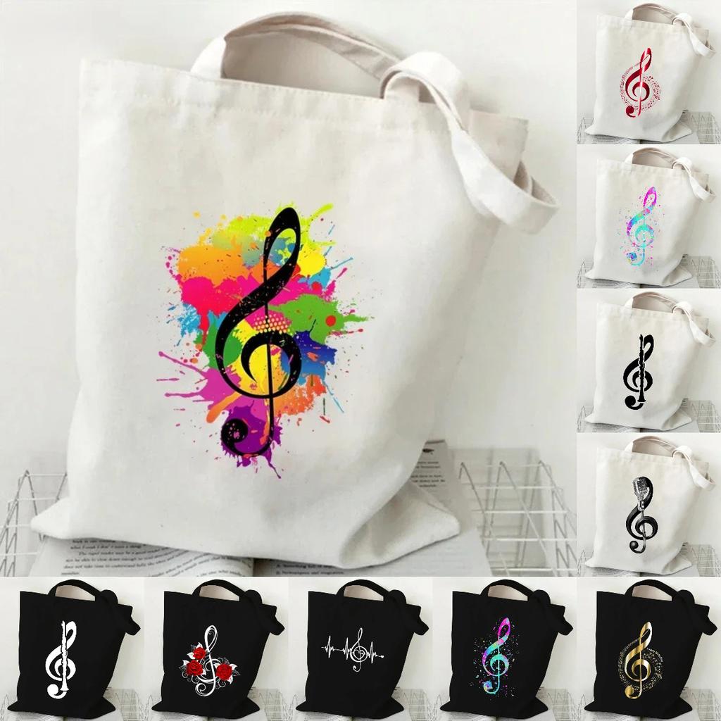 Music Heartbeat Printed Canvas Bag Shoulder Bag Folding Bag Handheld Shopping Bag Large Capacity Durable Eco Friendly Bag