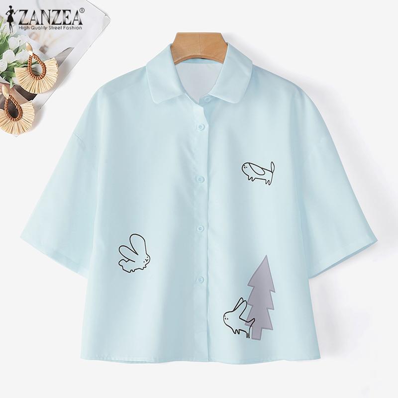ZANZEA Blusa Estiva Casual a Maniche Corte con Colletto Reversibile da Donna