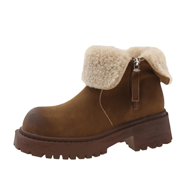 Fur Women Snow Ankle Boots Suede Mid Heels Short Plush Cotton Shoes 2025 Trend Winter Chunky Pumps Warm Casual Botas De Mujer