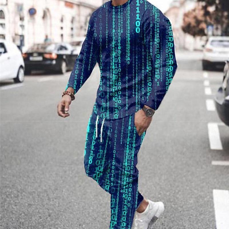 Men's 3D Abstract Geometric Print T-shirt 2-Piece Outdoor Long Sleeve Sports T Shirt Pants Set Streetwear Men's Clothing Outfits