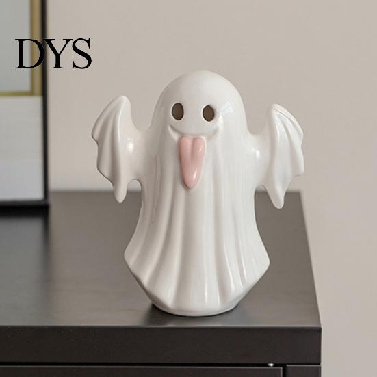 Halloween Autumn Home Accents Light Up Ceramic Ghost Figurines for Decor, Cute White Statue Vase Decor with Pink Tongue, LED Night Table Office