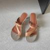 Krazing Pot Sheepskin Mules Summer Size 40 Flip Flops European Design Slip on Thin High Heels Women Peep Toe Sandals