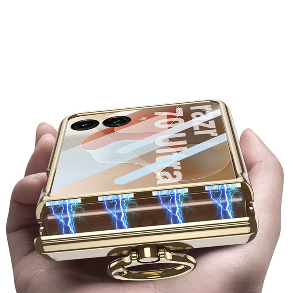 Electroplated Transparent Phone Case for Motorola Razr 70 60 Ultra with Metal Ring Holder Hinge Glass Protective Film Cover