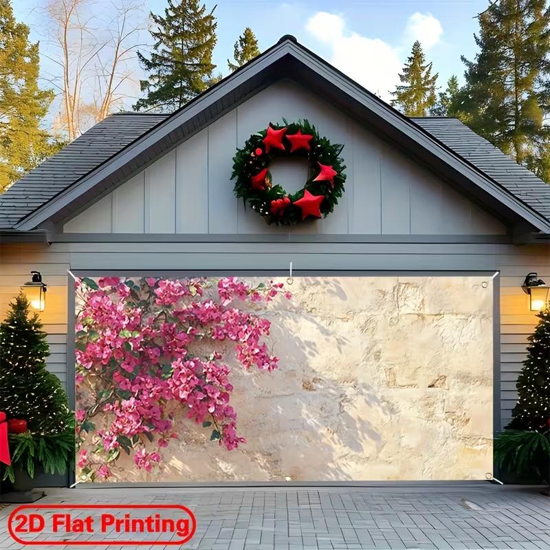 2D Bougainvillea Stone Wall Garage Door Cover Mediterranean Floral Banner