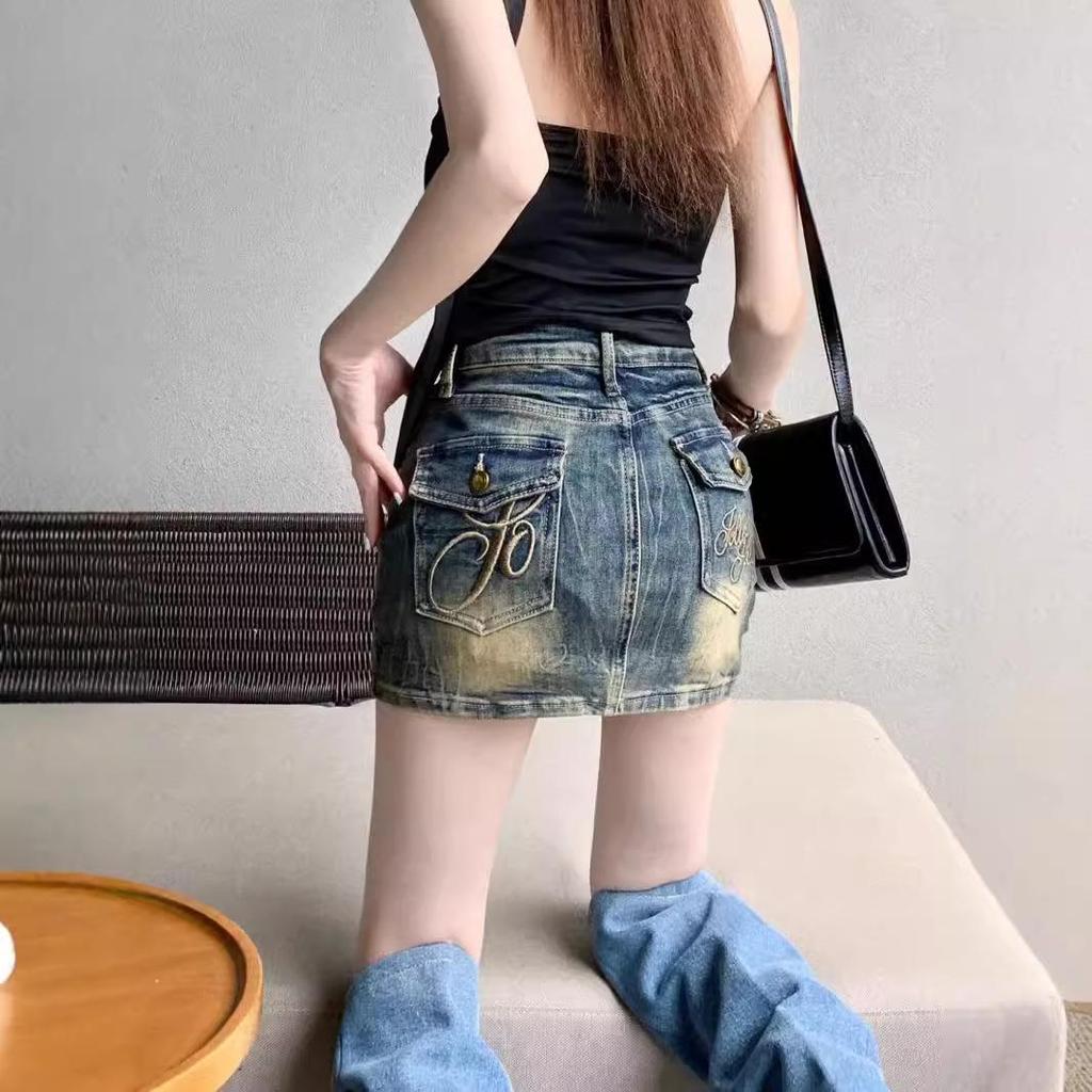 Women's High-Waist American Retro Embroidered Blue Denim A-Line Skirt - Slim Fit Summer Style