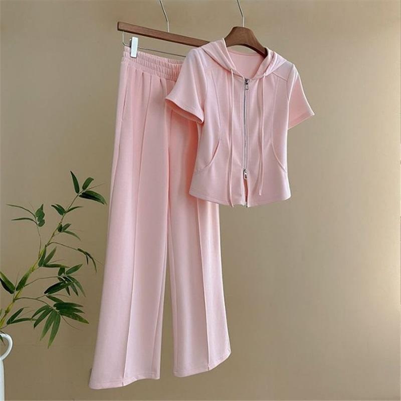 

Women s 2 Piece Knit Loungewear Set, Hooded Zip Up Short Sleeve Cardigan Wide Leg Pants Casual Outfit For Daily Wear XXL рожевий