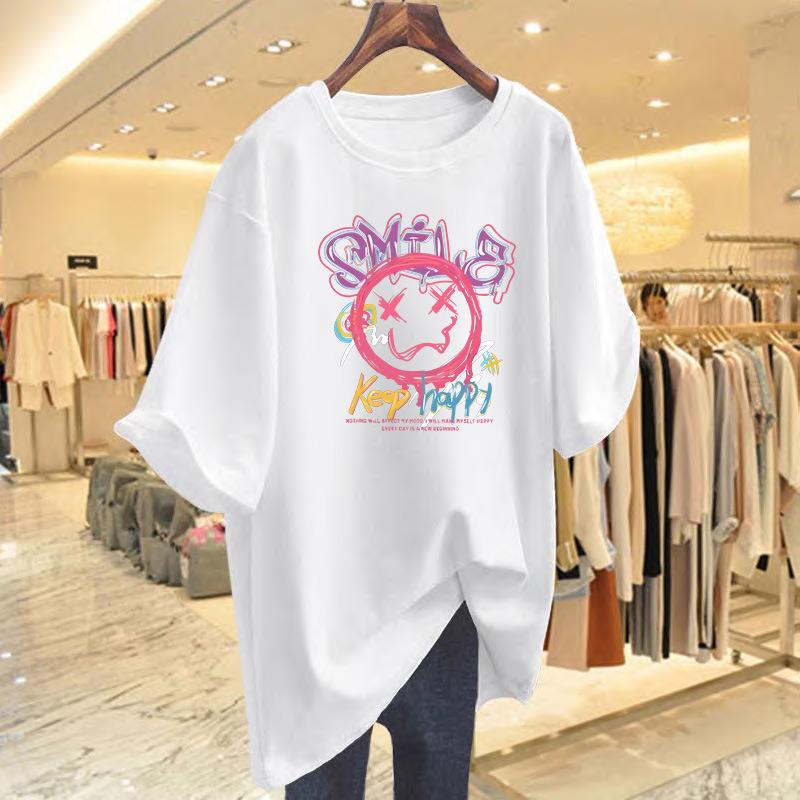

Japanese graffiti print short-sleeved t-shirt women s summer loose and versatile ins couple student lazy wind half-sleeved top S
