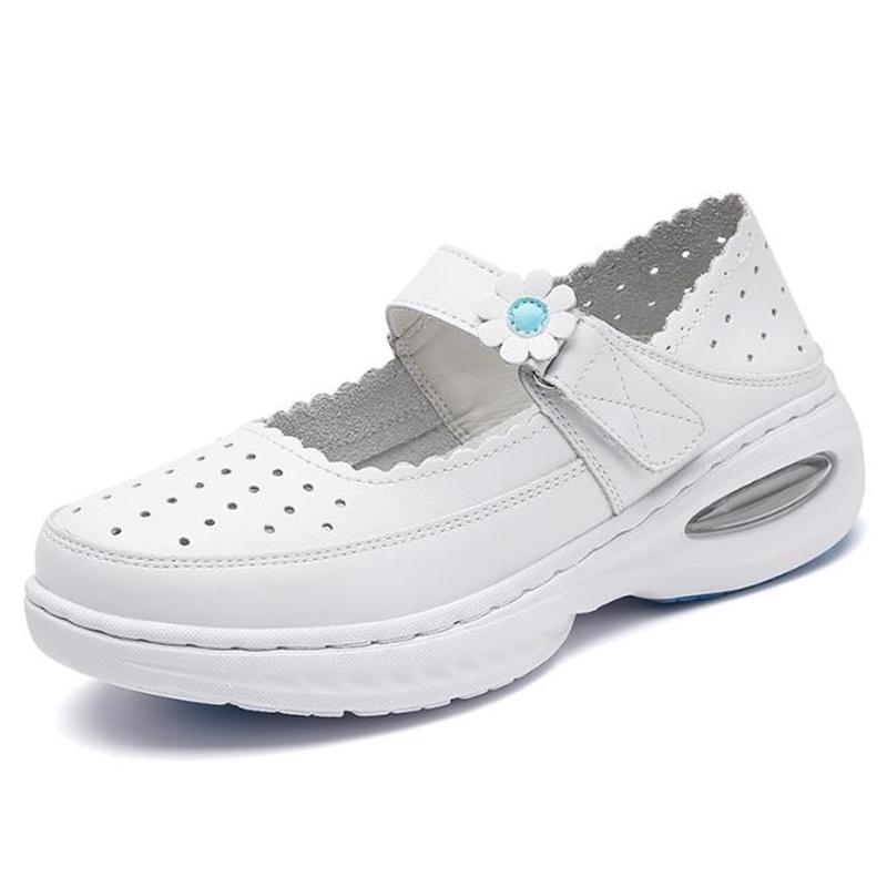 

Fashion Genuine Leather Women Nurse Shoes Soft Soles Hollow Out Breathable Comfortable Non Slip Wedges White Ladies Loafers Work Shoes 34