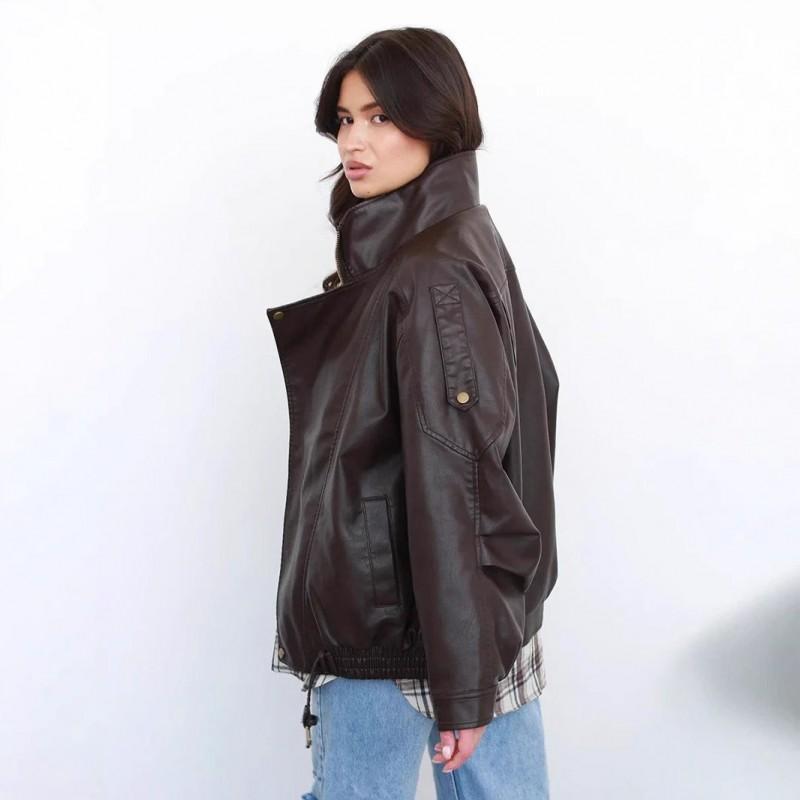 Womens Oversized PU Leather Jacket With Double Layer Collar Vintage Style 2026