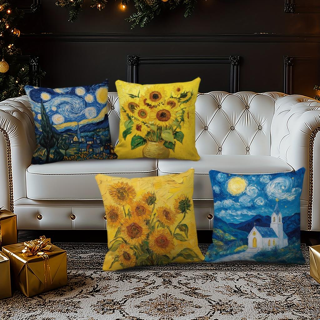 4-Pack Van Gogh Style Pillow Covers, Floral and Landscape Decorative Cushion Cases for Home, Office, Car and Outdoor Decor