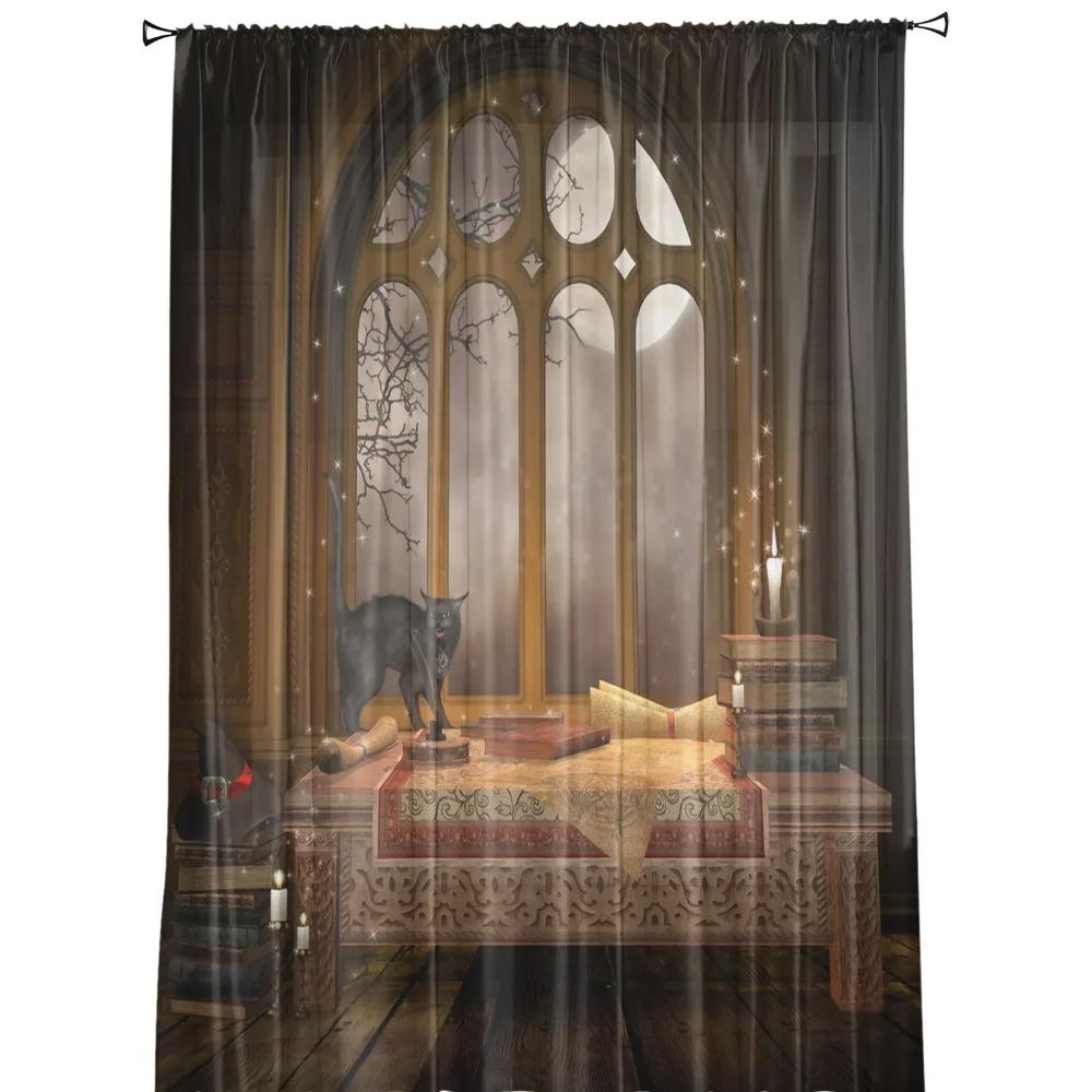 Castle Window Desk Moon Cat Book Sheer Window Drapes for Living Room the Bedroom Contemporary Curtains Curtain Panels