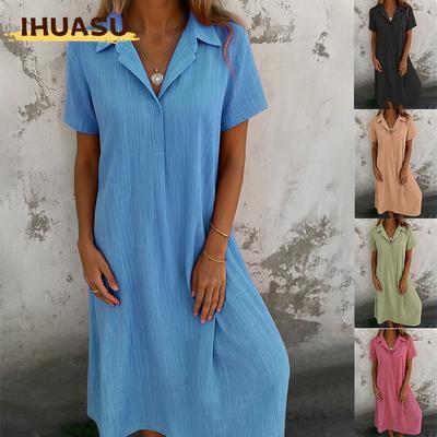 Abiti casual da donna a maniche corte con colletto polo, tinta unita o stampa, per estate e primavera