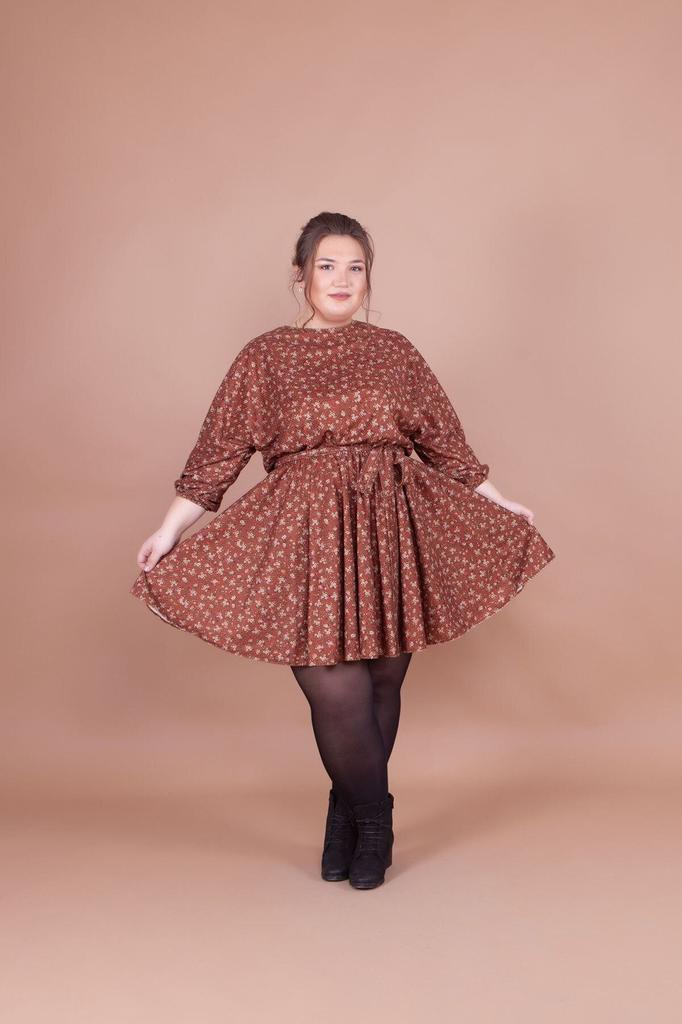 Women's Big Size Dress Plus Size Tan Velvet Floral Patterned Bat Sleeve Dress