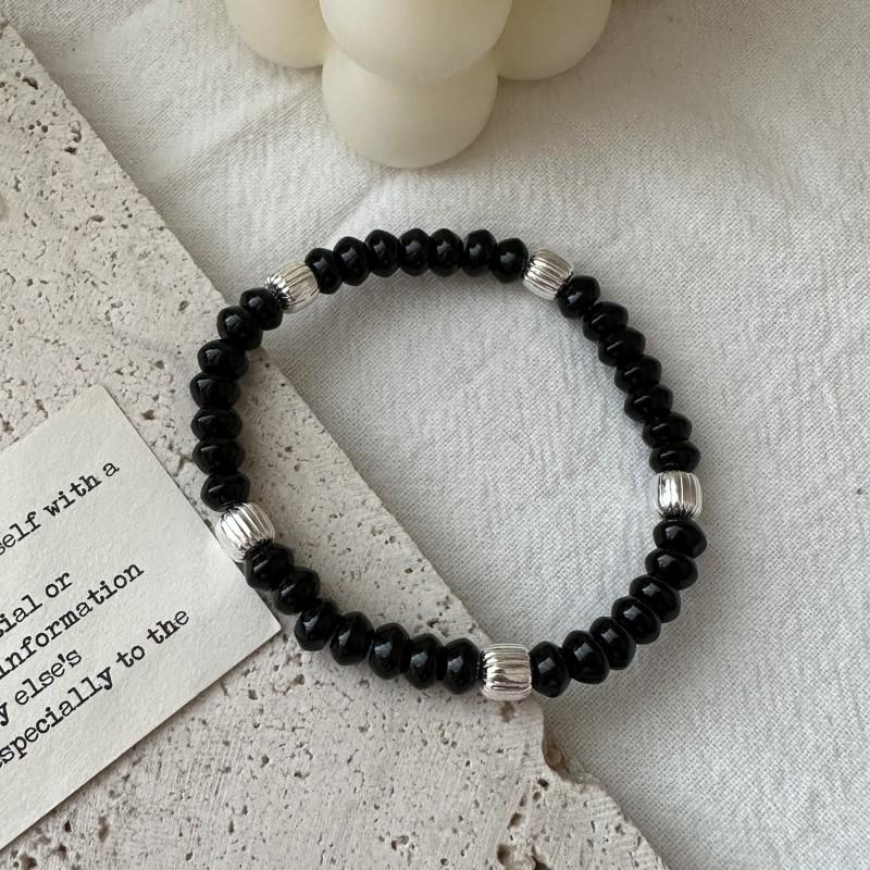 Handmade 925 Sterling Silver Black Agate Beads Beaded Bracelet for Women Vintage Jewelry