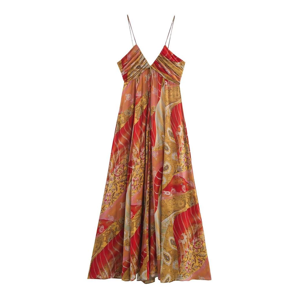 Women's V Neck Sleeveless Spaghetti Strap Midi Dress Slim Fit Mid Rise Sexy Bohemian Printed A Line Dress