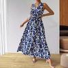 Abiti casual a vita alta con scollo a V senza maniche con stampa floreale primaverile alla moda da donna