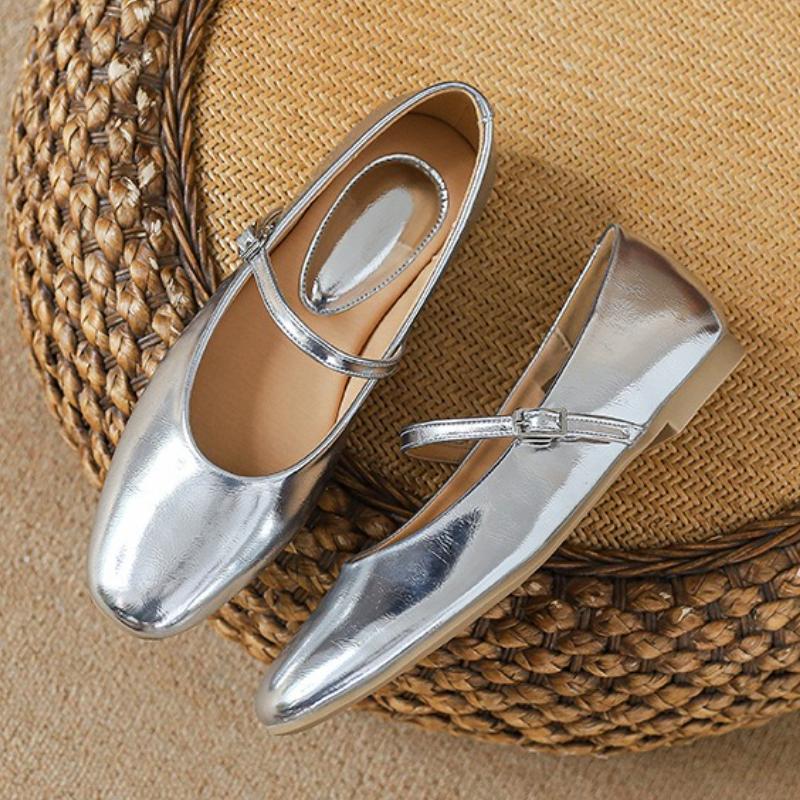 Fashion Silver Round Toe Brand Mary Jane Shoe Women Fashion Narrow Buckle Design Casual Flats Cozy Commuter Office Shoe Zapatos De Mujer