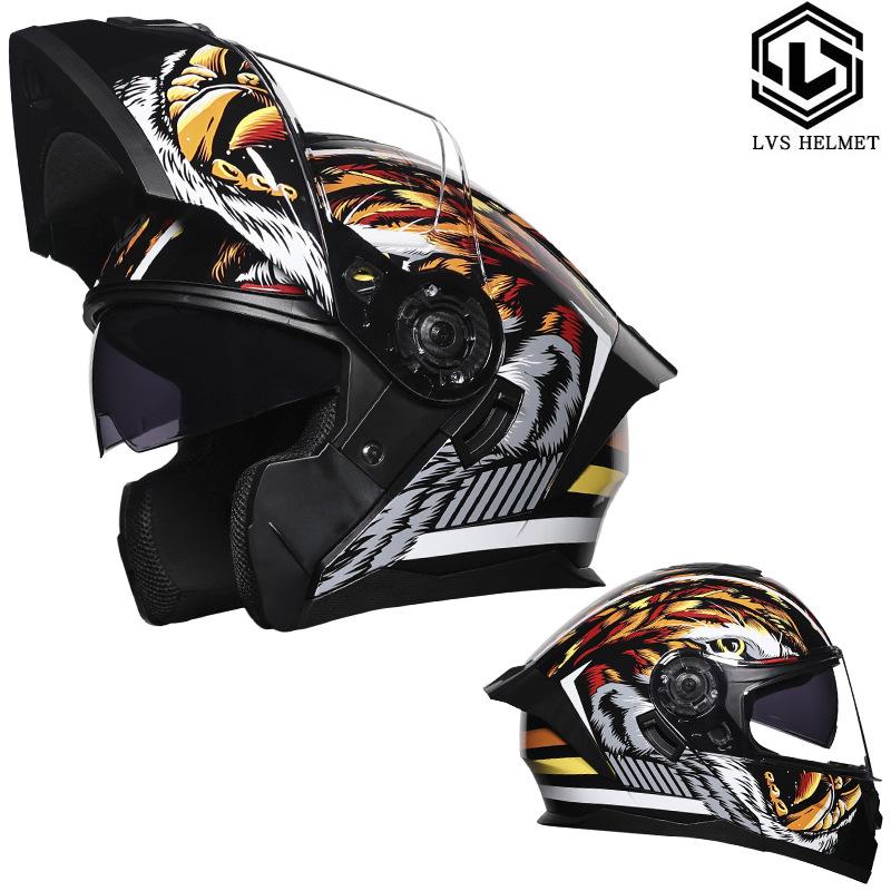 

LVS Helmet Men s and Women s Full Covering Double Lens Uncovering Helmet Bluetooth Personality Summer Half Helmet Four Seasons Electric Vehicle Racing XL тигровый