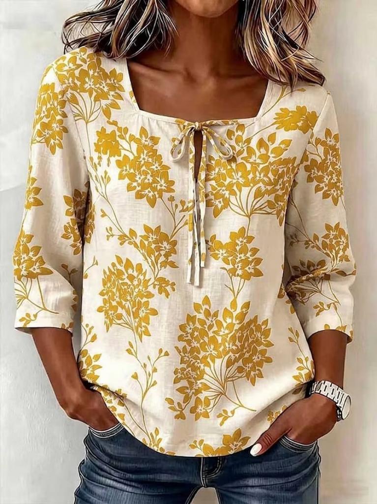 Womens Retro Floral Print Square Neck 3 Quarter Sleeve Casual Loose Top