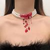 Gothic Necklace Blood Drop Charms Necklace Faux Pearl 3 Layer Chocker Necklace with Beaded Tassel for Halloween Horror Themed Parties Role-Playing