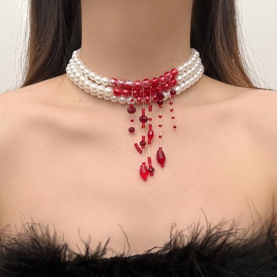 Gothic Necklace Blood Drop Charms Necklace Faux Pearl 3 Layer Chocker Necklace with Beaded Tassel for Halloween Horror Themed Parties Role-Playing