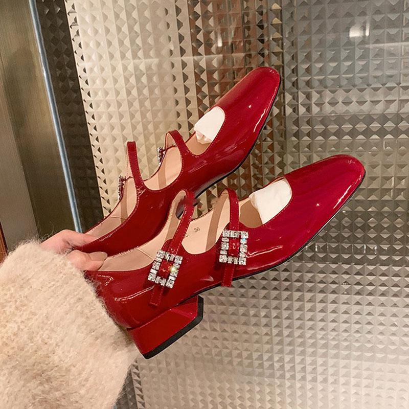 Pantofi eleganți cu toc înalt pentru femei, cu curele cu cataramă dublă, tip Mary Jane, cu toc mic, pantofi de lux din piele lăcuită, cu strasuri, pentru petrecere, pantofi de rochie