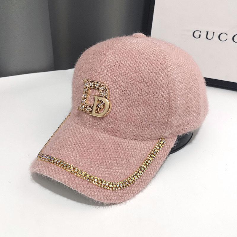 Purchase Rabbit Fur Hat Ins Autumn and Winter D Letter Diamond-encrusted Peaked Cap Showing a Small Warm Plush Baseball Cap