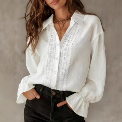 2026 Women's Solid Color Turn-down Collar Single-breasted Lace Patchwork Long Sleeve Versatile Shirt