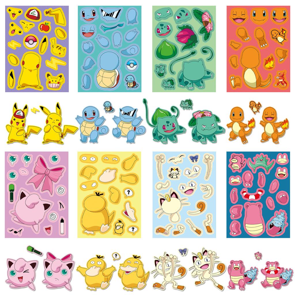 8 Photos/set of Pokémon Face Swap Graffiti Stickers Cartoon Cute Pikachu Make A Face Puzzle Stickers