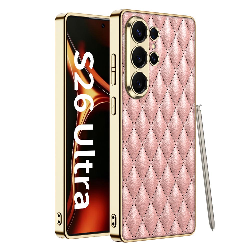Samsung S26Ultra Plain Leather Mobile Phone Case Advanced Sense Small Fragrance Electroplating S26u Anti-drop Protective Case, Diamond Grid.