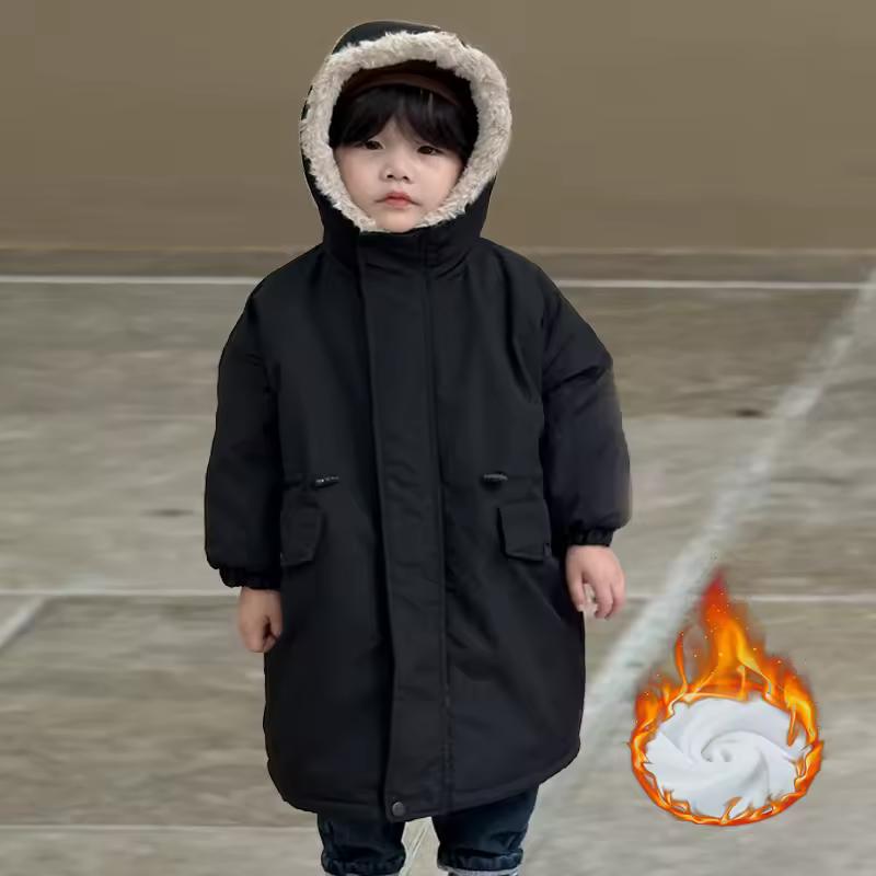 

Детские утепленные куртки для мальчиков и девочек, парки из утолщенной овечьей шерсти, детские длинные пальто с плюшевой подкладкой и капюшоном, зимняя теплая одежда 80 чёрный