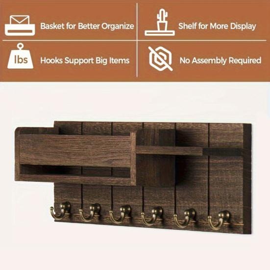 Wooden Home Key Holder with 6 Hooks Open Shelf Rustic Wall Mount Key Organizer Multi-purpose Home Office Entryway Decorative Key Hanger