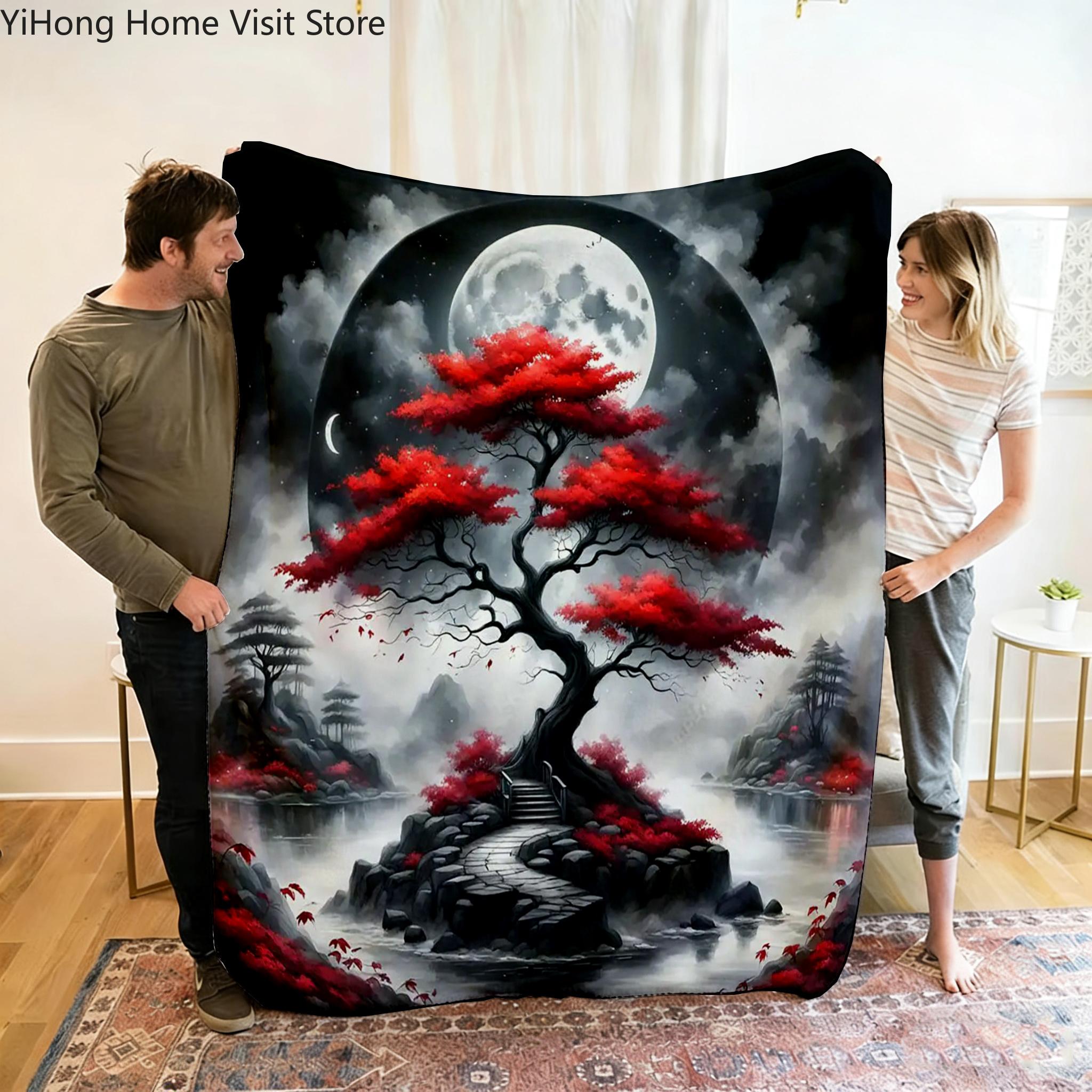 1pc Tree Moon Picture Flannel Blanket Soft Warm Throw Blanket for Bedroom Living Room Bed Travel Camping Picnic Gift 75x90cm
