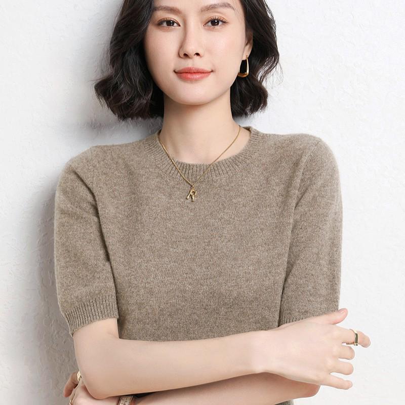 2025 Spring/Autumn Women's Knitwear: Short Sleeve Wool Cardigan with Round Neck