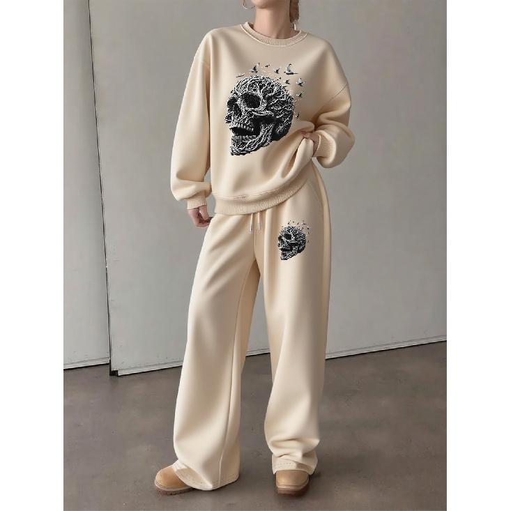 Damen Crewneck Sweatshirt & Hose mit Kordelzug und geradem Bein 2-teiliges Set, Lässiges Set mit auffälligem Totenkopf-Print, Entspannte Passform & Vielseitige Freizeitkleidung