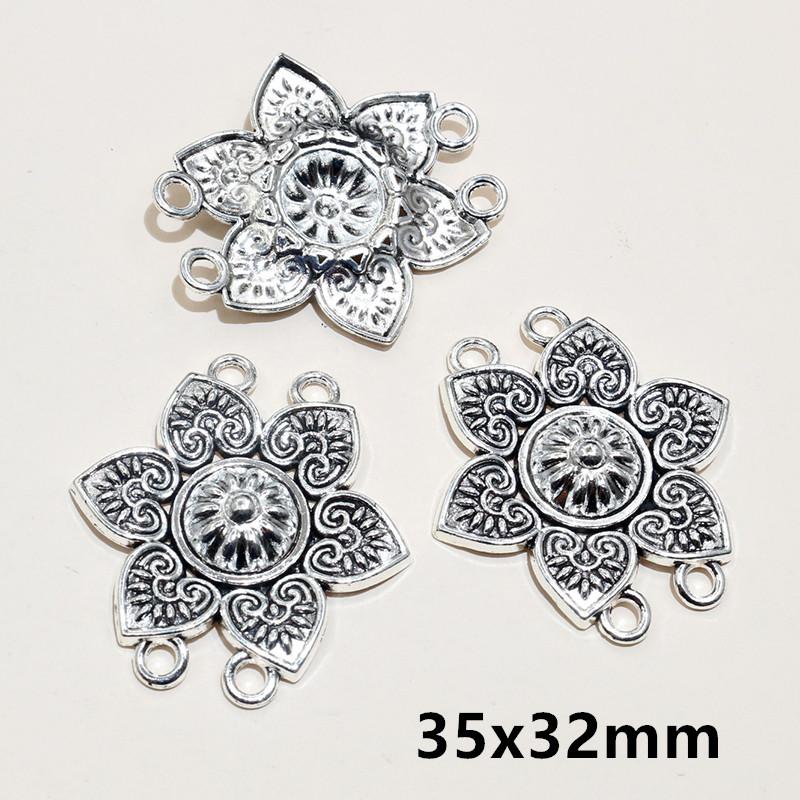 10pcs Antique Silver Plated Bohemian Vintage Flower Connector Charm Pendant DIY Necklace Bracelet Jewelry Making Accessories