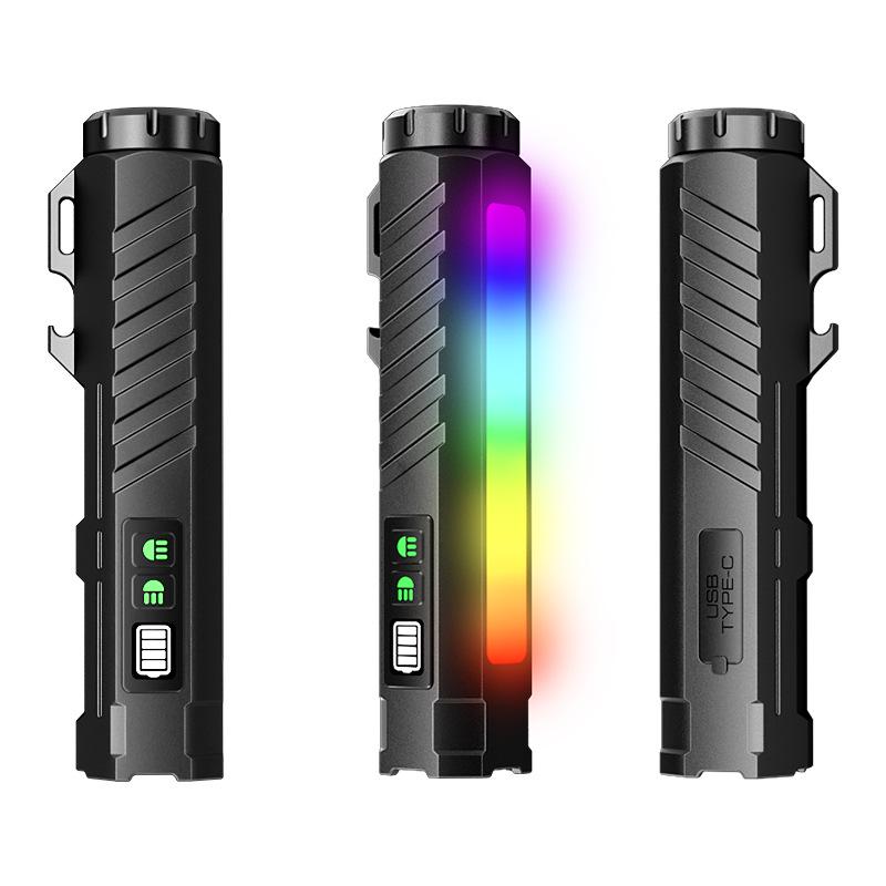 High-Intensity Black Aluminum Flashlight with Colorful Neon Light and Long Battery Life: Outdoor Multifunctional Torch