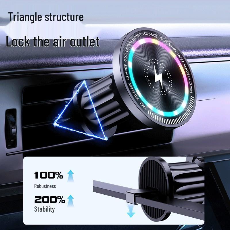 Magnetic Wireless Charger Car Holder with Lights - 15W Fast Charge Air Vent Mount for Phones