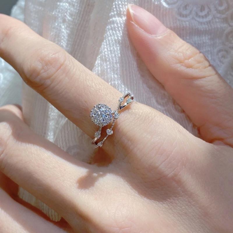 S925 Pure Silver Moissanite Engagement Ring Diamond-Studded Adjustable Opening Light Luxury Style for Women