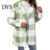 Cardigan Sweater Winter Coat Plaid Print Hooded Thick Windproof Open Stitch Knit Outerwear Mid Length Fuzzy Plush Jacket for School Travel Fall