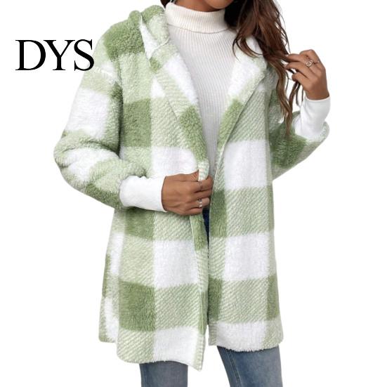 Cardigan Sweater Winter Coat Plaid Print Hooded Thick Windproof Open Stitch Knit Outerwear Mid Length Fuzzy Plush Jacket for School Travel Fall
