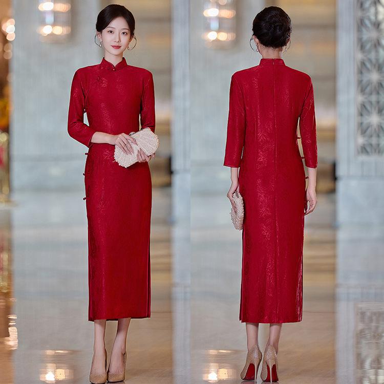 New Chinese long cheongsam 1011 autumn new dignified temperament women's red clothing, cheongsam skirt elegant retro dress