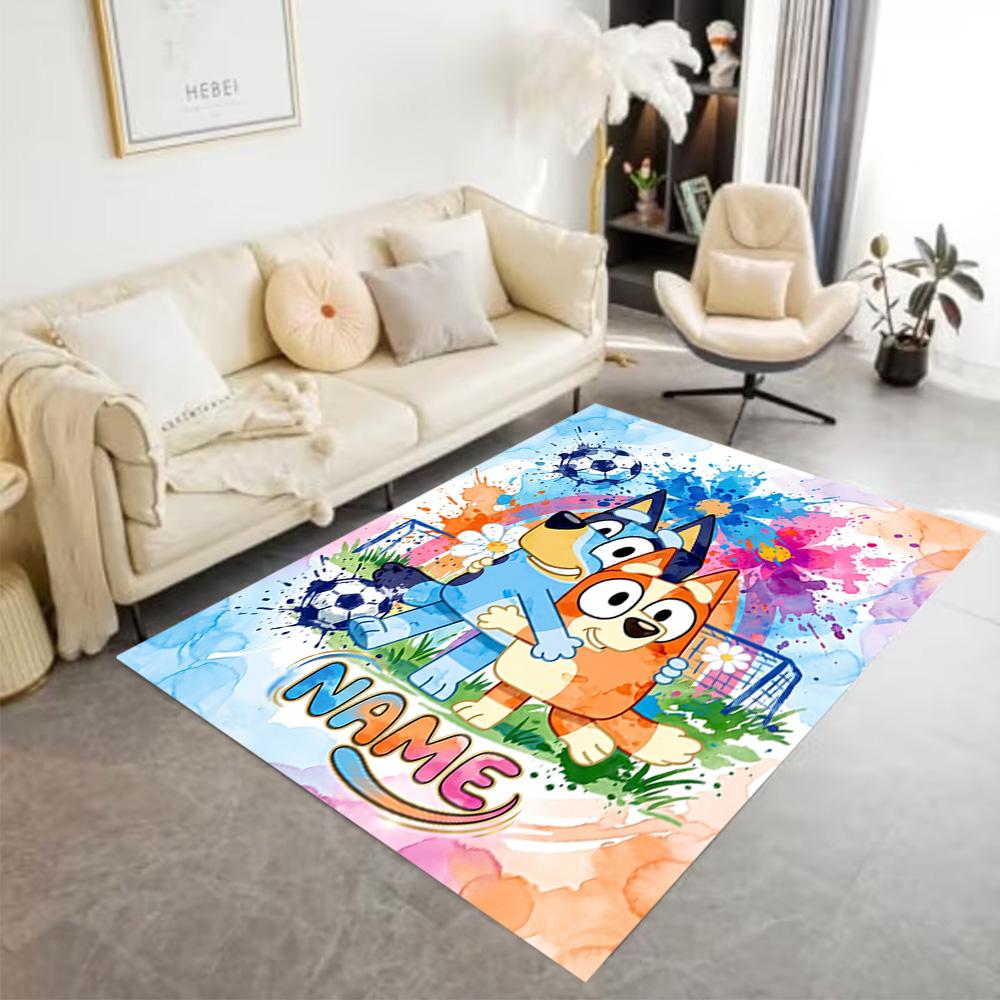 Bluey's Festive Football Fun Customized Name Floor Mat Suitable for Bedrooms Living Rooms Dining Room Decorate Room Antislip Carpet Anime Office Decor