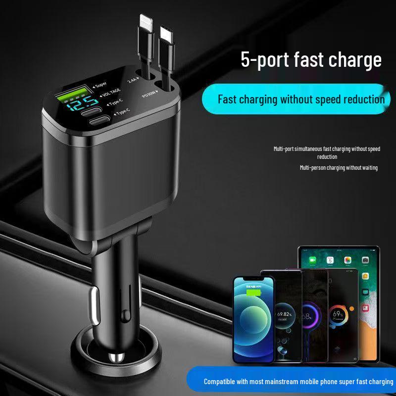 Dual-Line Retractable Car Charger with Digital Display, PD Fast Charging for Huawei & Apple.