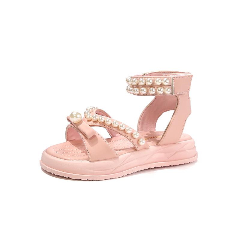 Girls Sandals High Top Hook&loop Kids Princess Shoes Sweet Bows Beading 2025 Summer New Children Beach Shoes Open Toes Soft Sole